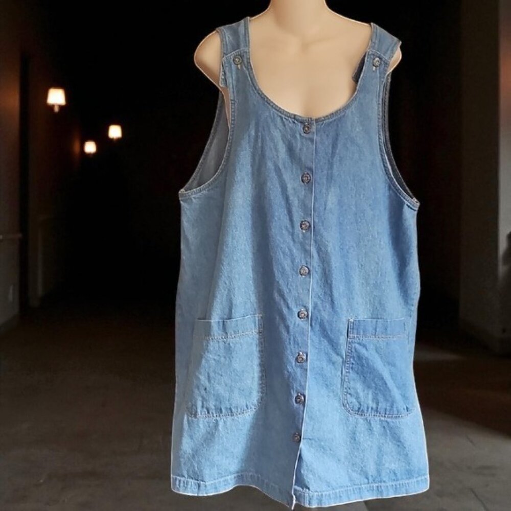 Vintage True Blue Denim Button-Down Sleeveless Dress jeans pockets 100% cotton